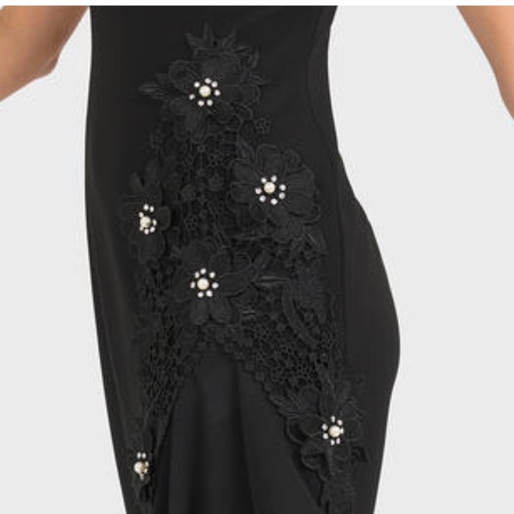 Joseph Ribkoff Black with Flowers / Pearls / Rhinestones Asymmetrical Dress New - Picture 7 of 12